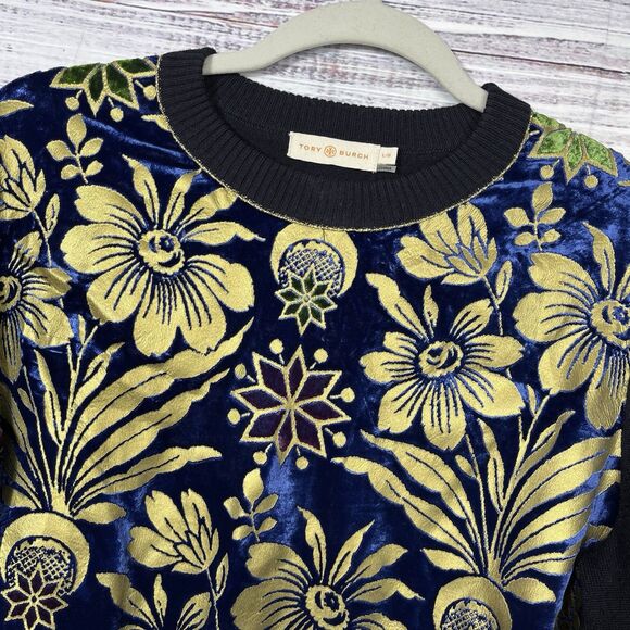 TORY BURCH Sweater Hollis Floral Mixed Media Merino Velvet Brocade Women’s Large - Picture 1 of 12